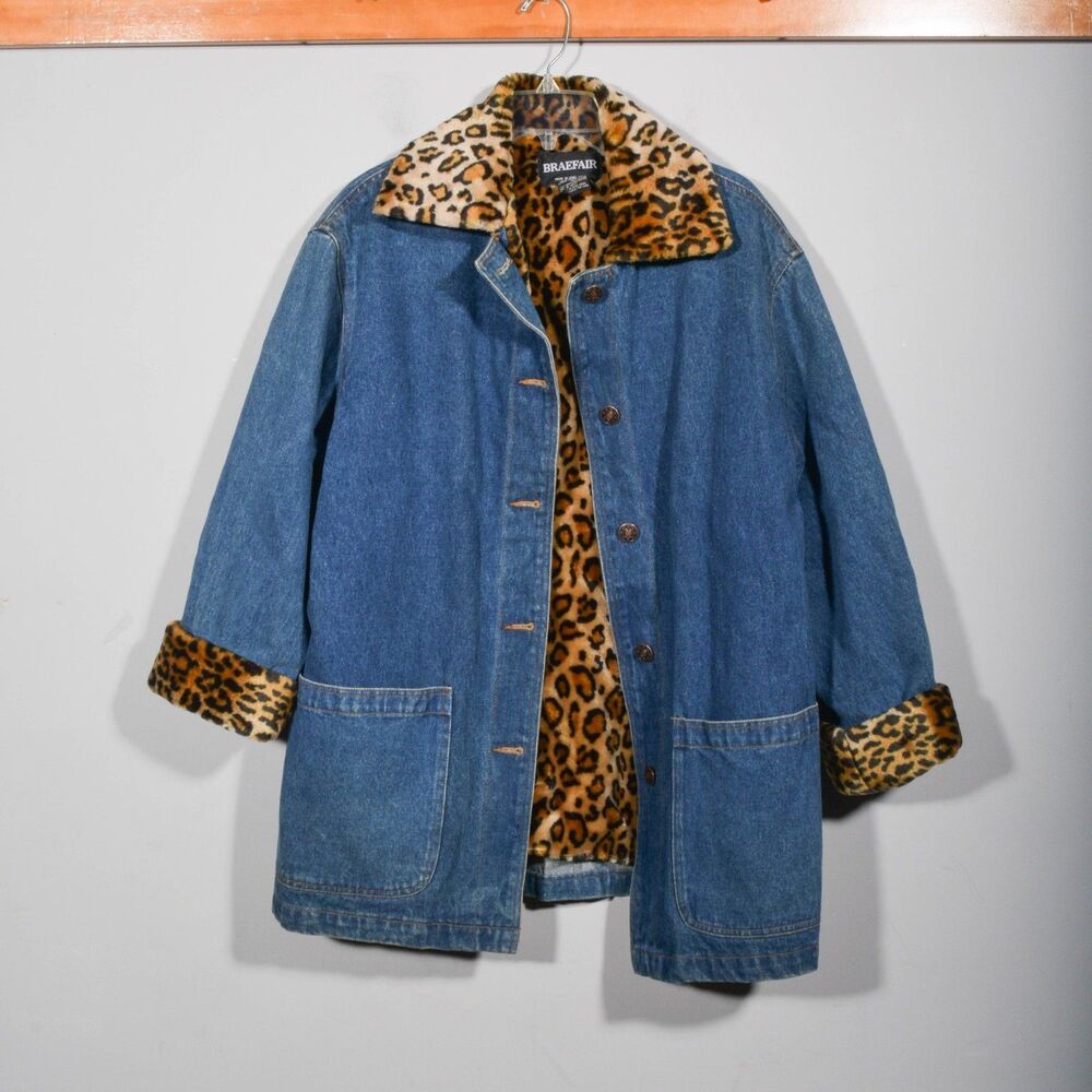 Vintage Y2K Braefair Denim Jean Cheetah Faux Fur Lining Coat Jacket Sz M